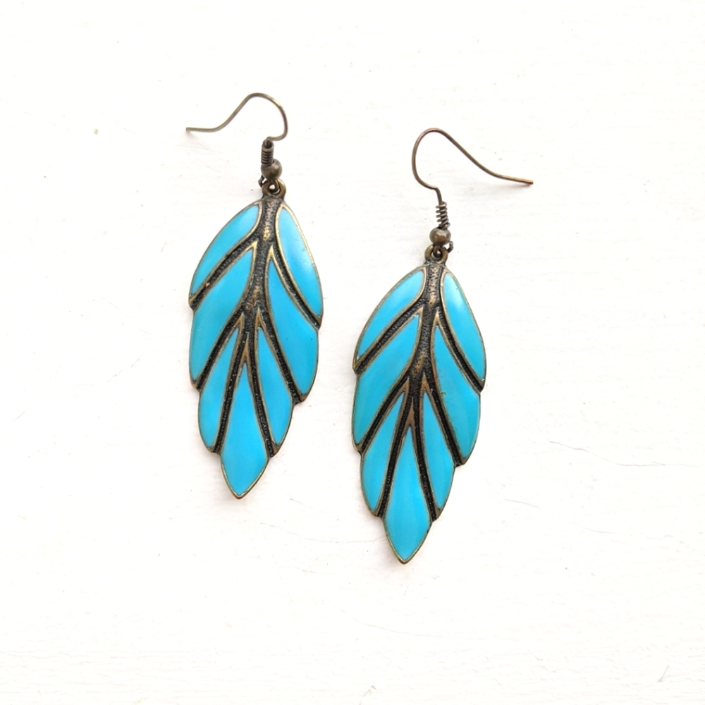 Turquoise Teal Blue Feather Drop Earrings Gold